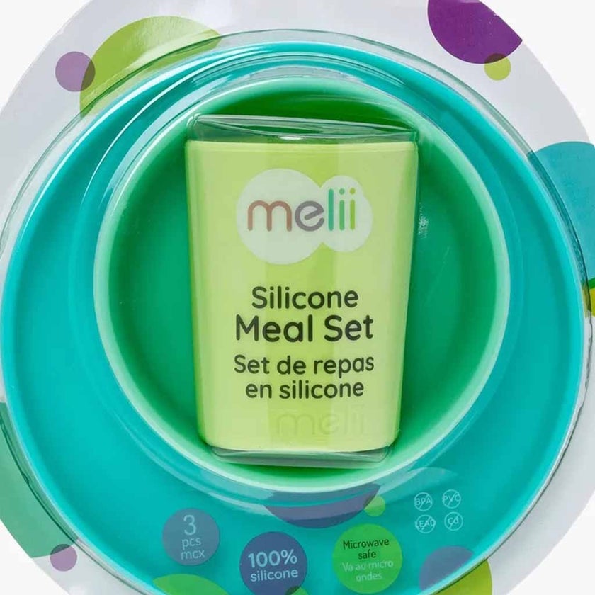 Melii Baby Feeding Silicone Plate, Bowl & Cup 3 Piece Meal Set, Color - Turquoise, Green, Mint 