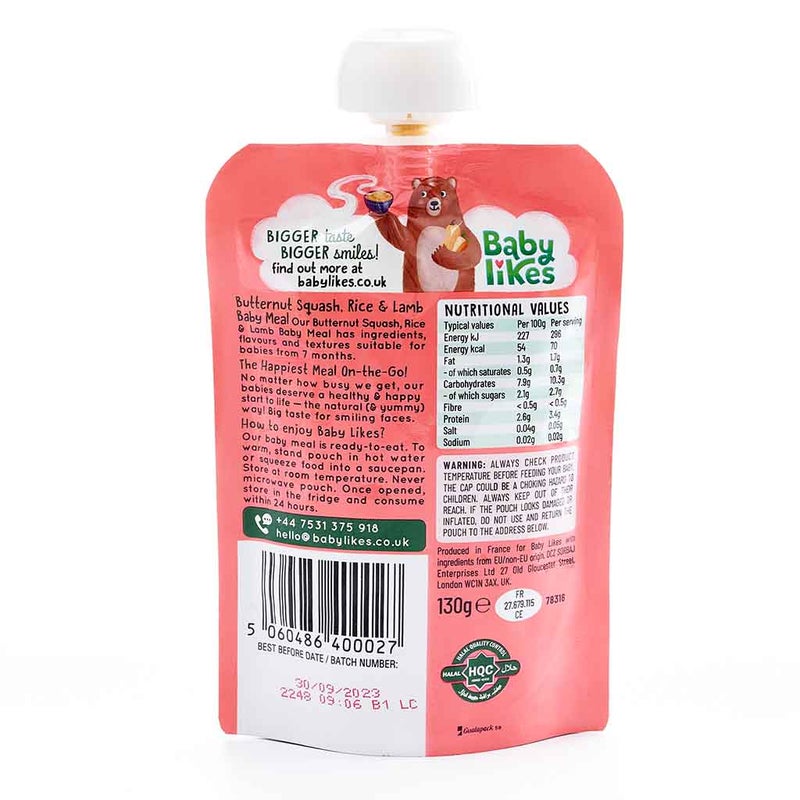 Babylikes Butternut Squash Rice & Lamb Stage 2 For 7+ Months Organic Baby Puree 130g