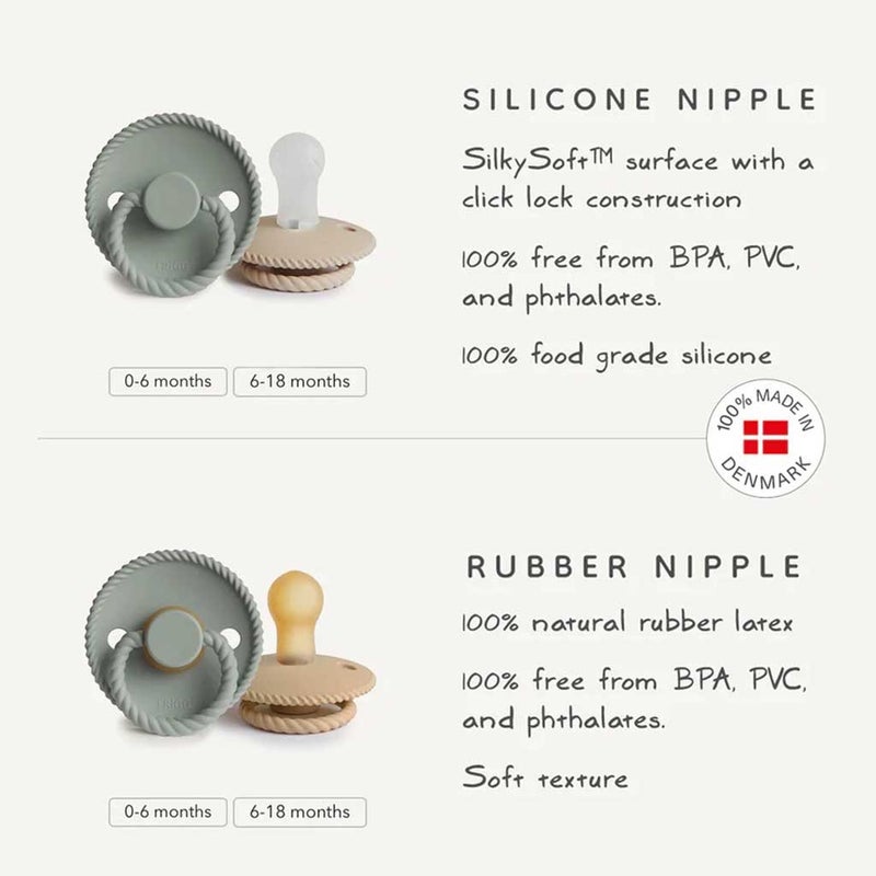 Frigg Rope Natural Rubber Baby Pacifiers, Size 1, 0-6 Months, Cream/Sage Color, Pack of 2’s 