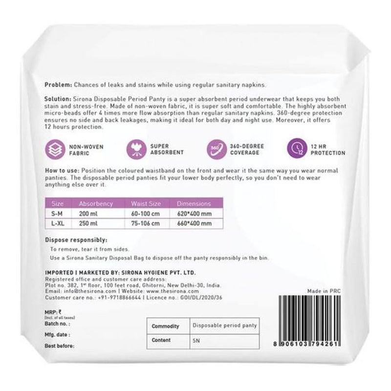 Sirona Disposable Period Panties, Size Large - Extra Large, Pack of 5’s
