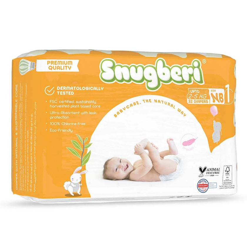 Snugberi Newborn Baby Diapers, Size 1, 2-5kg, Pack of 32’s
