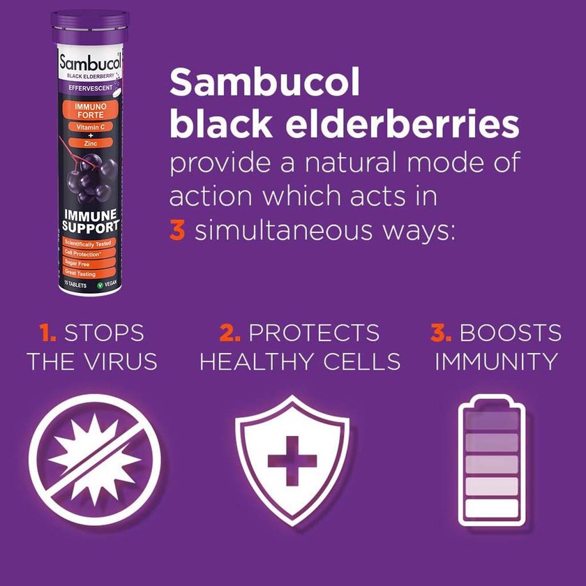 Sambucol Immuno Forte Elderberry, Vitamin C & Zinc Effervescent Tablets, Pack of 15's