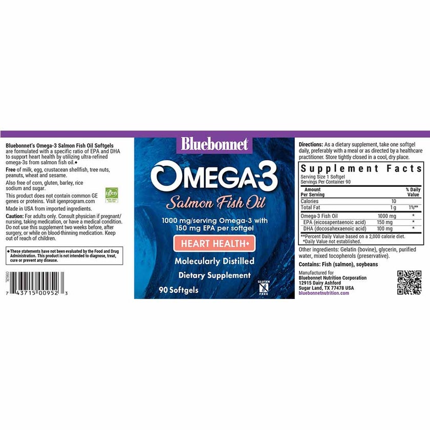 Bluebonnet Omega-3 Salmon Fish Oil 1000mg Softgels, Pack of 90's