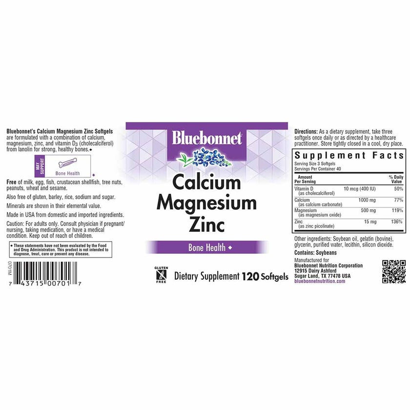 Bluebonnet Calcium, Magnesium, Zinc, Vitamin D Supplement Softgels, Pack of 120's