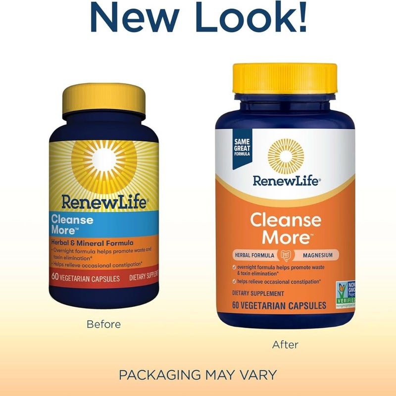 Renew Life Cleanse More - Herbal & Mineral Overnight Cleanse Formula Capsules, Pack of 60's