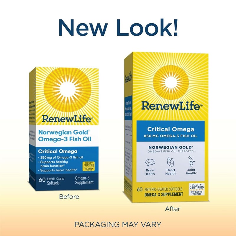 Renew Life Critical Omega 850mg Omega-3 Fish Oil Softgels, Pack of 60's