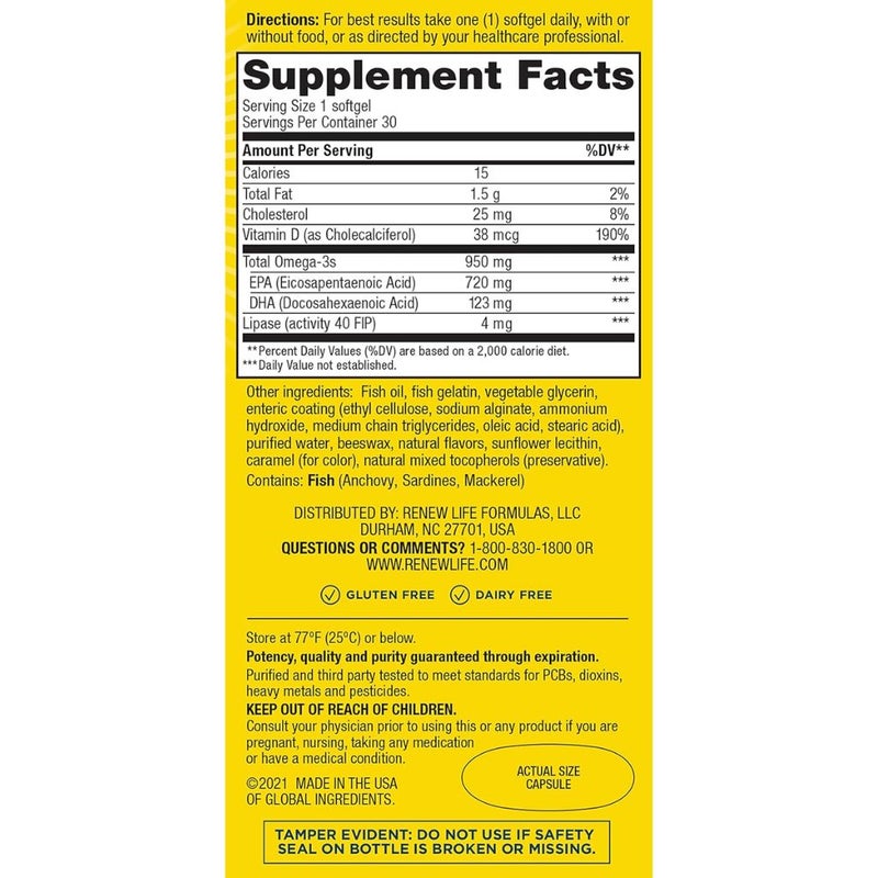Renew Life Super Critical Omega 950mg Omega-3 Fish Oil Softgels, Pack of 30's