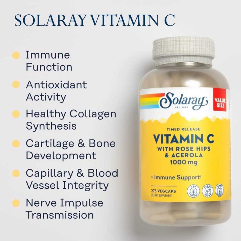 Solaray Vitamin C With Rosehip & Acerola 500mg Vegetarian Capsules, Pack of 100's
