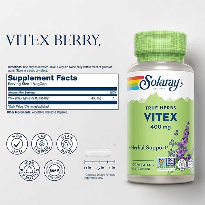 Solaray Vitex Berry 400mg Women's Supplement Veg Capsules, Pack of 100's