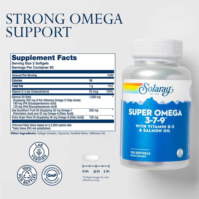 Solaray Super Omega 3-7-9 With Vitamin D3 & Salmon Oil Softgels For Heart Health, Pack of 120’s 
