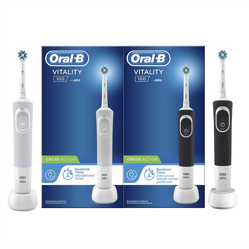 Braun Oral B Vitality 100 Cross Action Electric Rechargeable Toothbrush D100.413.1 - Black & White, TWIN PACK