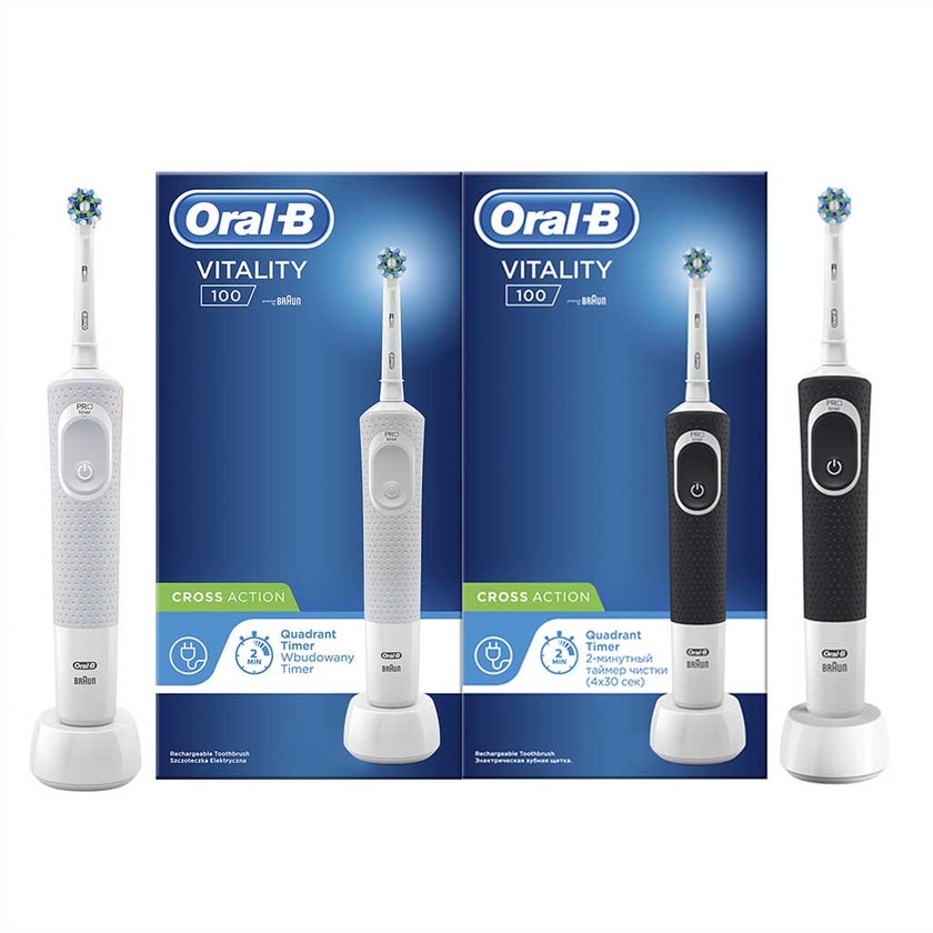 Oral B Vitality 100 Cross Action Electric Rechargeable Toothbrush D100.413.1 - Black & White, TWIN PACK