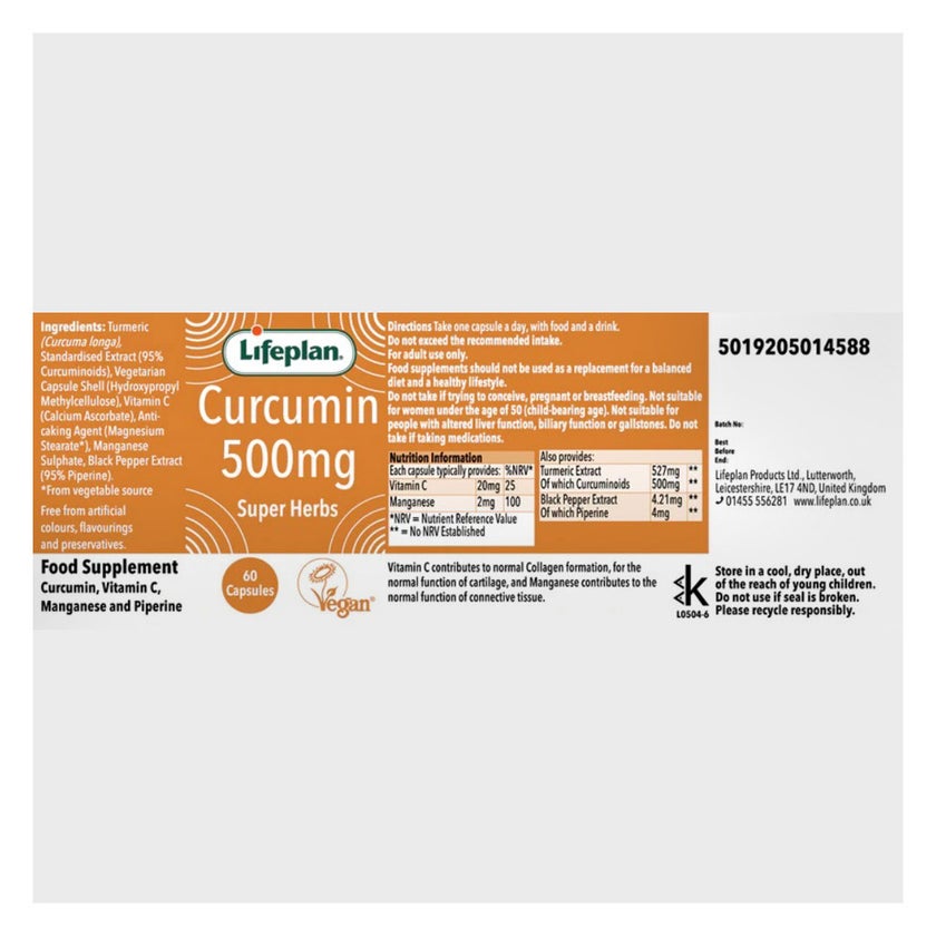 Lifeplan Curcumin 500mg Super Herbs Capsules, Pack of 60’s