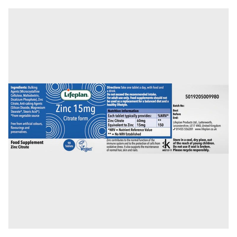 Lifeplan Zinc Citrate 15mg Tablets, Pack of 90’s