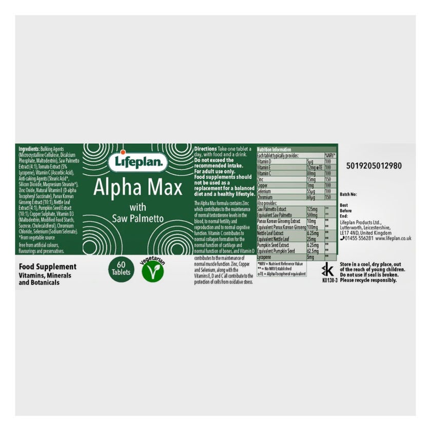 Lifeplan Alpha Max With Saw Palmetto Tablets, Pack of 60’s