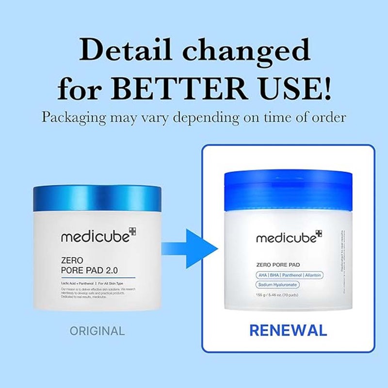 Medicube Zero Pore 2.0 AHA + BHA Facial Toner Pads For Pore Tightening 155g, Pack of 70's