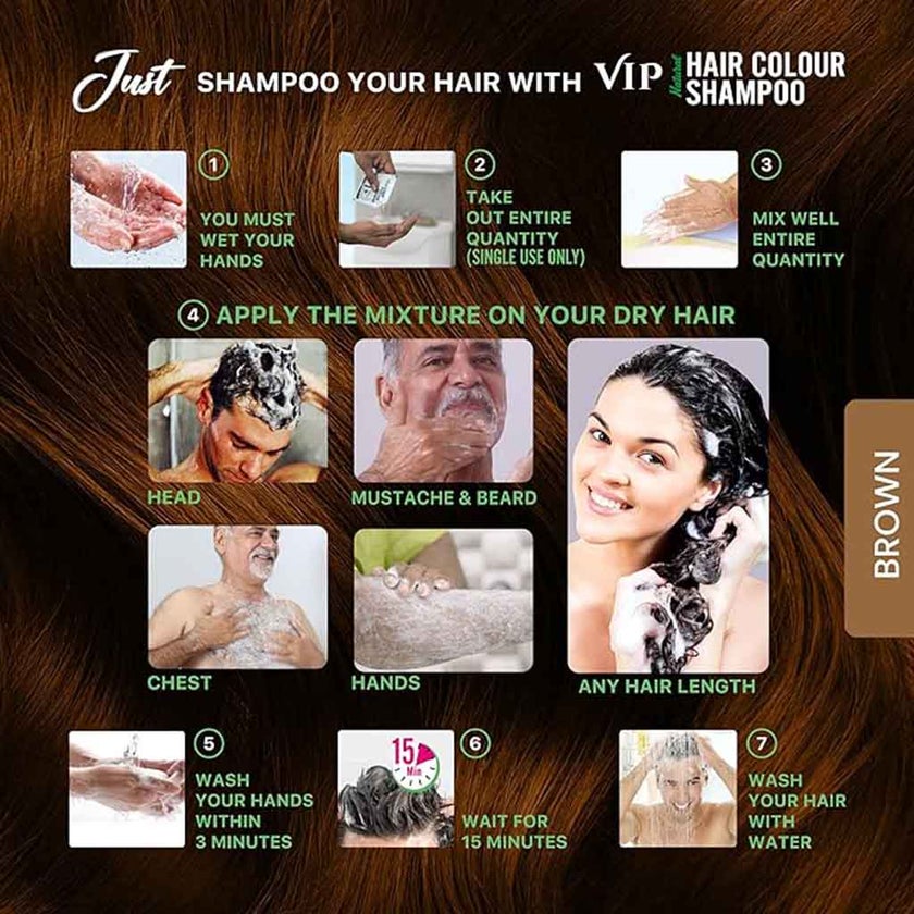 VIP Natural Hair Colour Shampoo Sachet 20ml, Color - Brown 