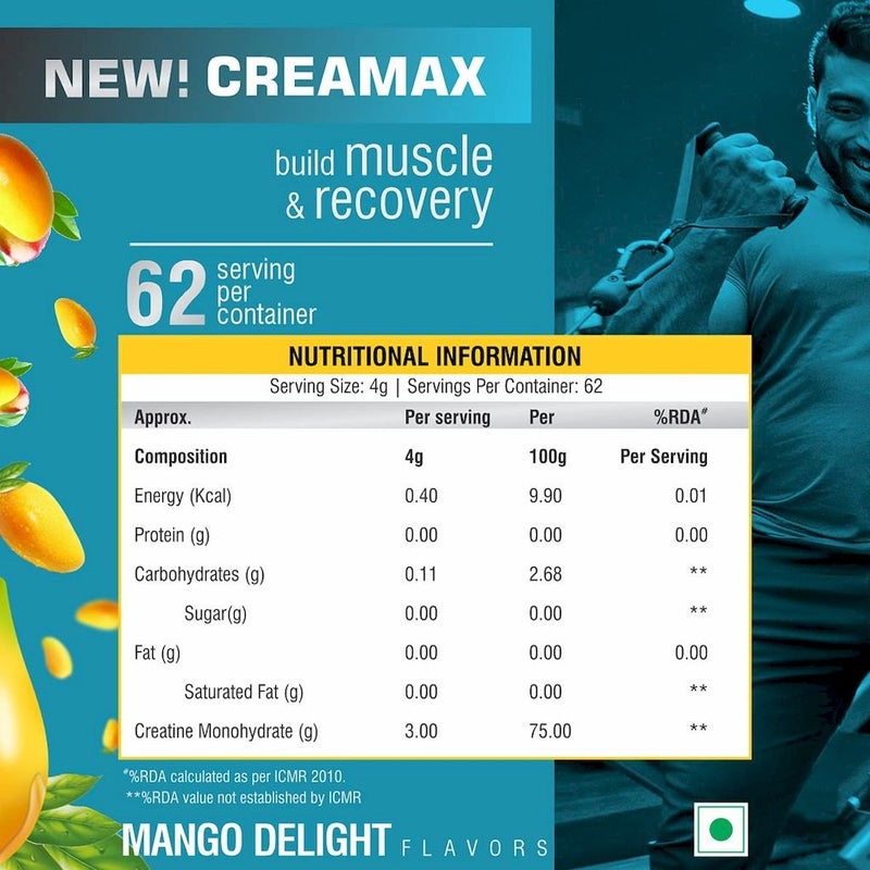 Healthfarm Creamax Creatine Monohydrate Powder - Mango Twist 250g, 62 Servings