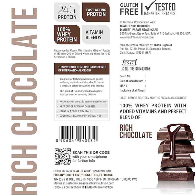 Healthfarm 100% Whey Protein Plus Powder, Rich Chocolate Flavour 2kg - 55 Servings