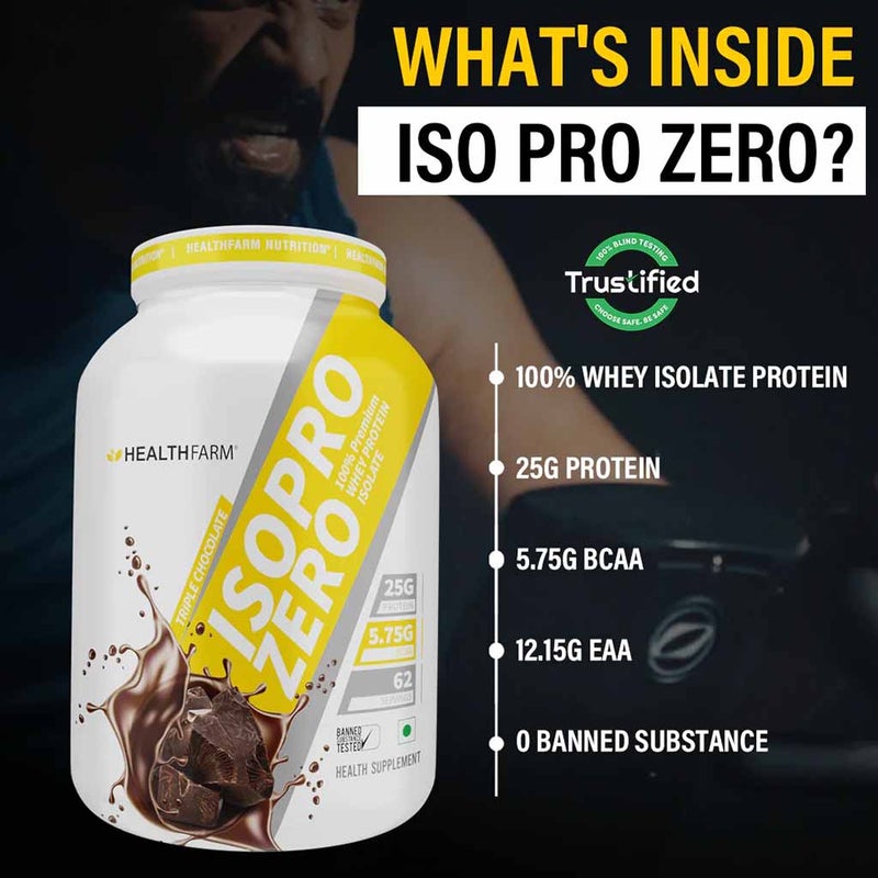 Healthfarm ISO Pro Zero Whey Protein Isolate Powder, Triple Chocolate 2kg - 62 Servings