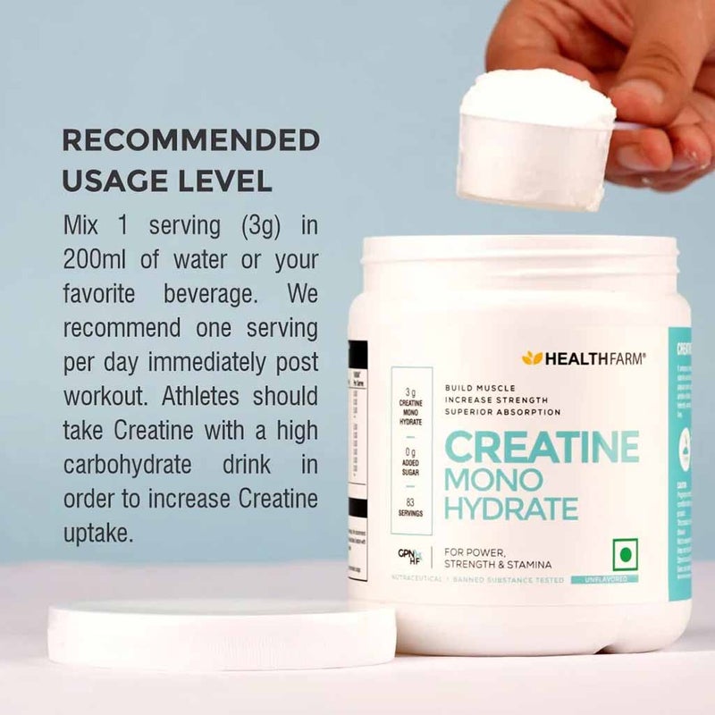 Healthfarm Creatine Monohydrate Unflavored Powder 250g - 83 Servings