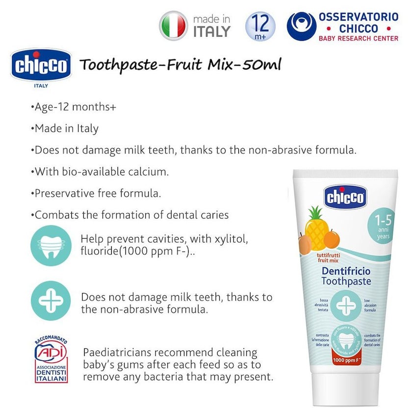 Chicco Kids Toothpaste For 1 To 5 Years 50ml - Tutti-Frutti Fruit Mix