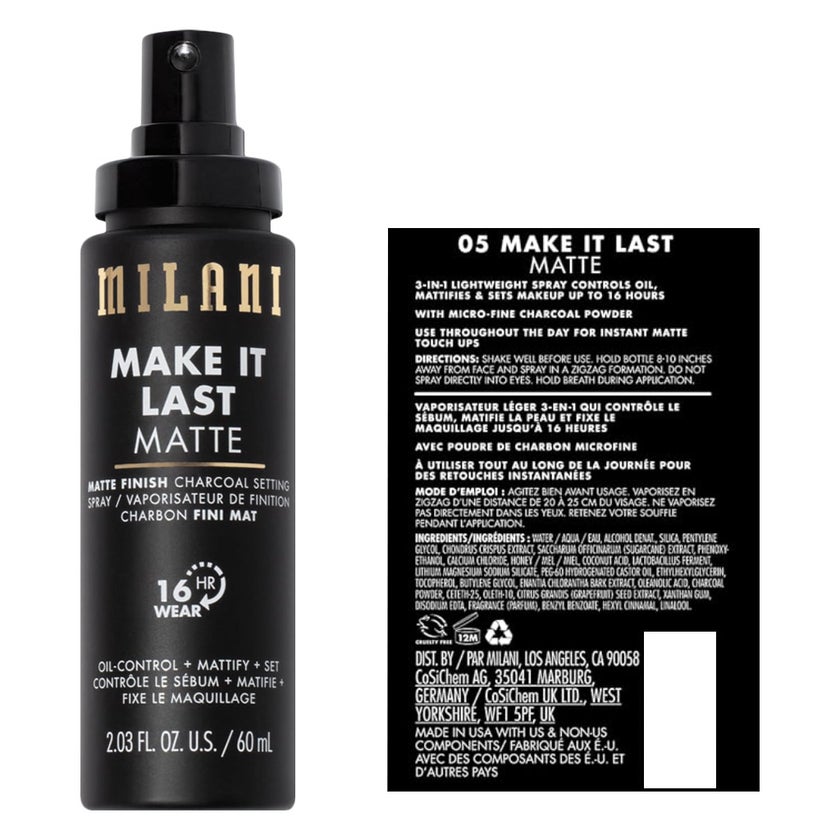Milani Cosmetics Make It Last Matte Finish Make Up Setting Spray 60ml - Charcoal 