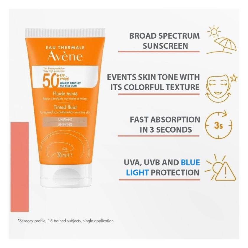 Avene Tinted SPF50+ Unifying Ultra-Light Sunscreen Fluid 50ml - PROMO PACK 