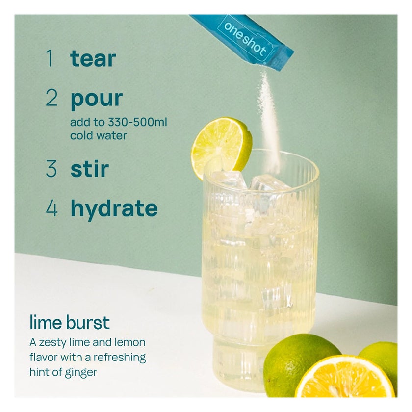 Oneshot Hydrate Lime Burst Electrolyte & Vitamin Drink Sticks, Pack of 14's