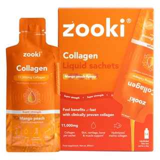 Zooki Super Strength Marine Collagen 11000mg Mango Peach Flavor Liquid Sachets 18.5ml, Pack of 14's