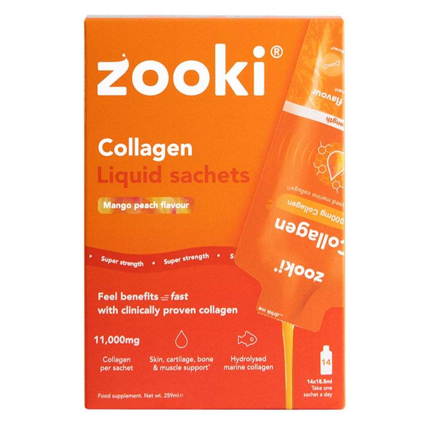 Zooki Super Strength Marine Collagen 11000mg Mango Peach Flavor Liquid Sachets 18.5ml, Pack of 14's