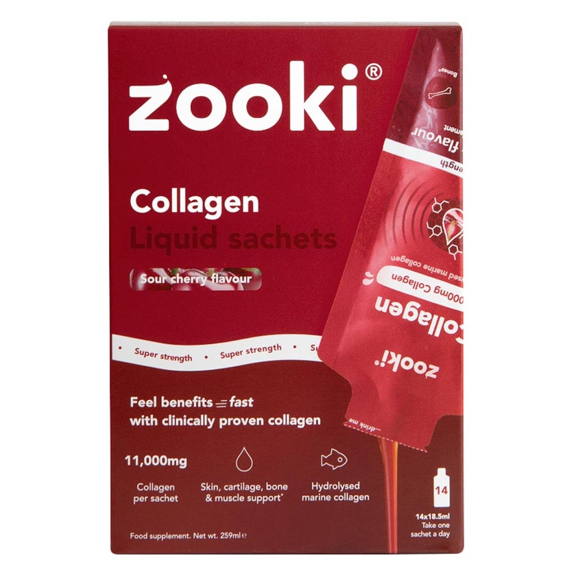Zooki Super Strength Marine Collagen 11000mg Sour Cherry Flavor Liquid Sachets 18.5ml, Pack of 14's
