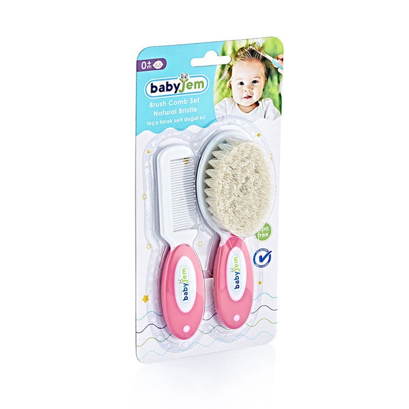 Babyjem Brush & Comb Set With Natural Bristles For 0+ Months, Color - Pink