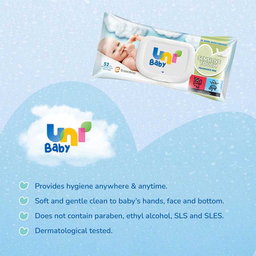 Uni Baby Sensitive Touch Fragrance Free Wet Wipes, Pack of 52's