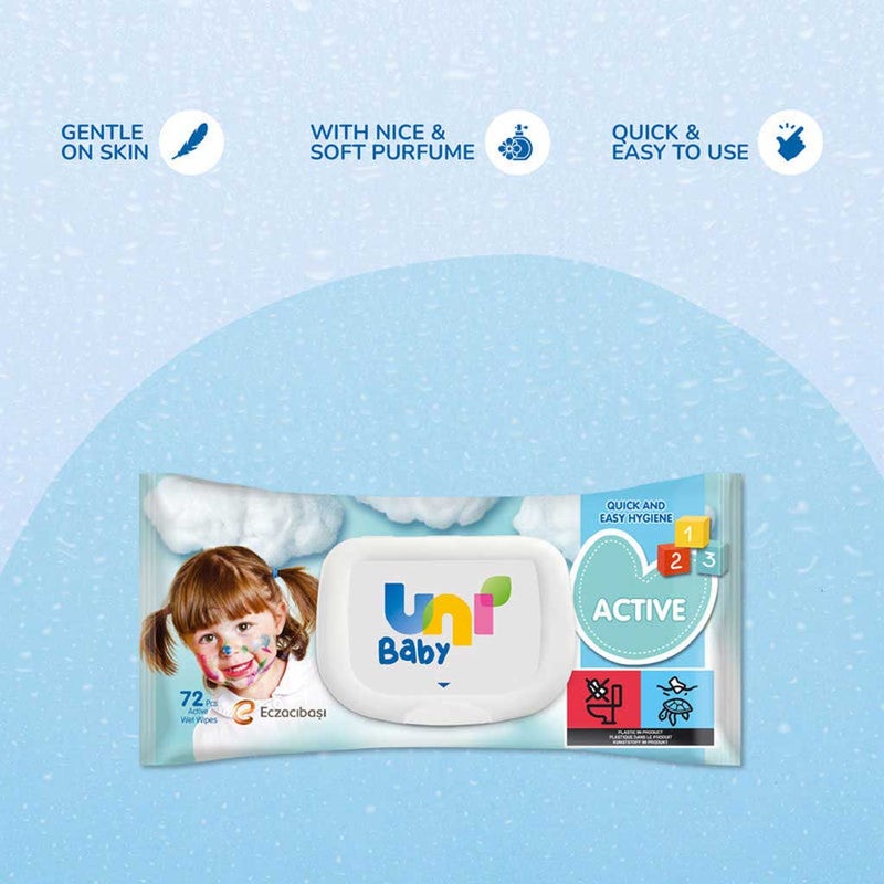 Uni Baby Active Wet Wipes, Pack of 72's