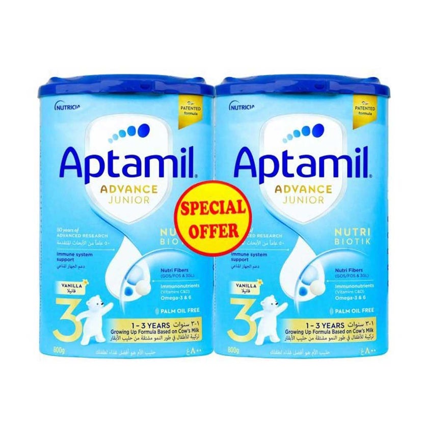 Aptamil Advance Junior Stage 3 Palm Oil Free Toddlers Milk Formula For 1 To 3 Years 800g, Pack of 2's