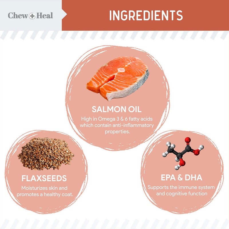 Chew + Heal Omega Skin + Coat Salmon Flavored Soft Chews For Dogs & Cats, Pack of 180's