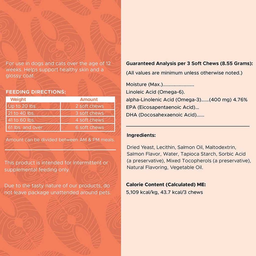 Chew + Heal Omega Skin + Coat Salmon Flavored Soft Chews For Dogs & Cats, Pack of 180's