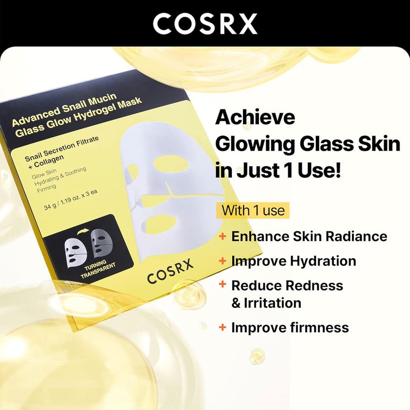 Cosrx Advanced Snail Mucin Glass Glow Hydrogel Mask 34g, Pack of 3's