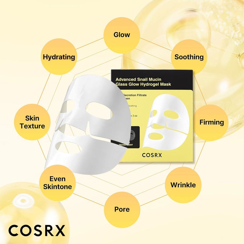 Cosrx Advanced Snail Mucin Glass Glow Hydrogel Mask 34g, Pack of 3's