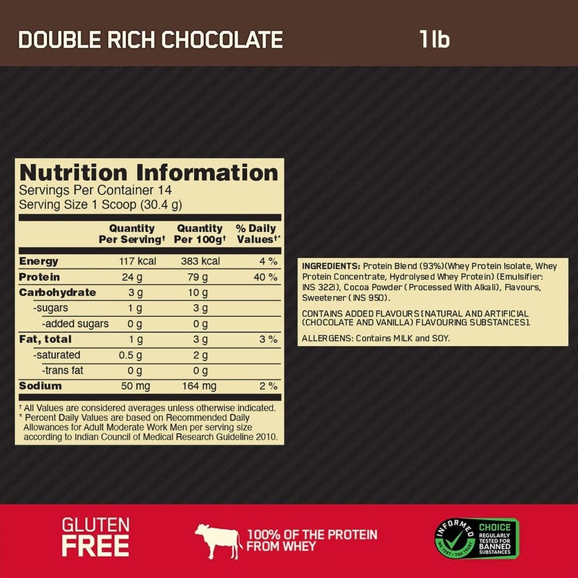 Optimum Nutrition Gold Standard 100% Whey Double Rich Chocolate Protein Powder 1lb