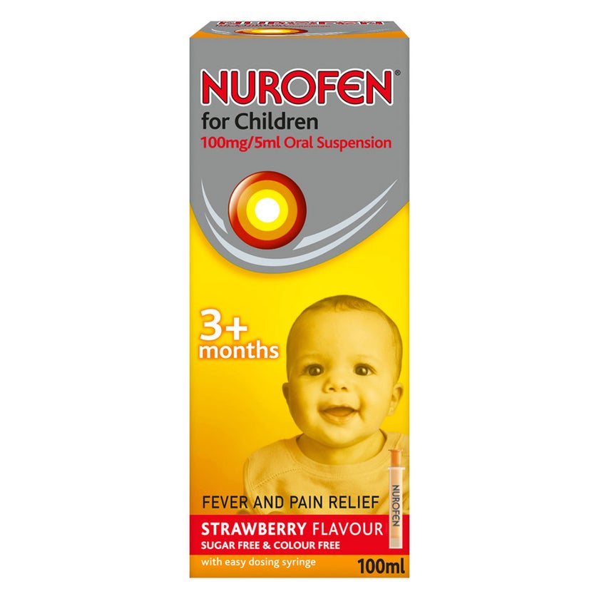 Nurofen 100mg/5ml Strawberry Flavored Oral Suspension For Fever & Pain 100ml