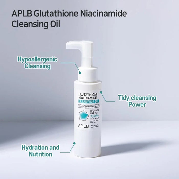 aplb glutathione niacinamide cleansing oil 105ml I have been using the @aplb.official Oil, and I love how gentle yet effective it is. It takes off makeup, sunscreen, and dirt so easily without leaving my skin APLB Glutathione Niacinamide Cleansing Oil