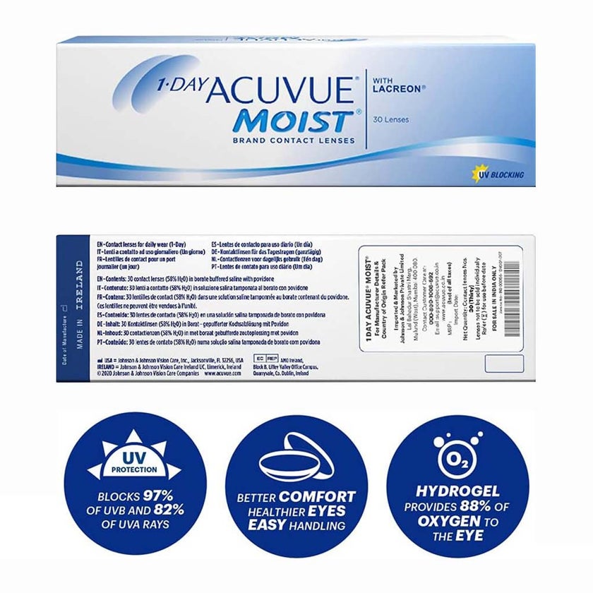 Acuvue Moist 1-Day Clear Contact Lenses, Base Curve 8.5, Power -6.00, Pack of 30's