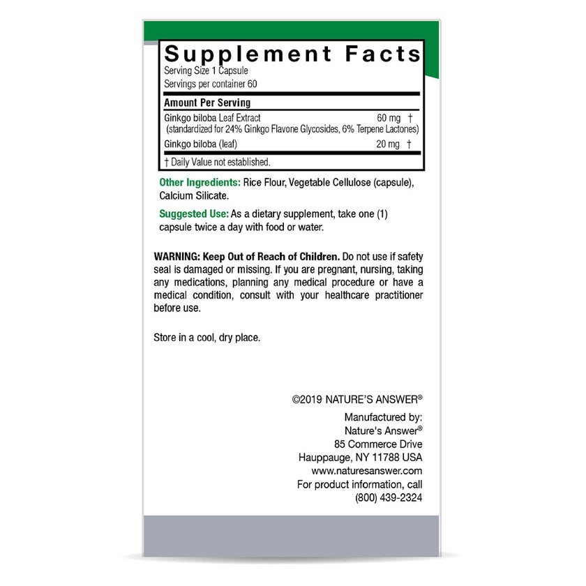 Nature's Answer Ginkgo Biloba 80mg Standardized Herbal Extract Vegan Capsules For Cognitive Support, Pack of 60's