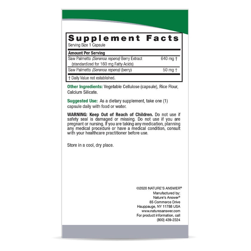 Nature's Answer Saw Palmetto 690mg Vegan Capsules For Prostate Health, Pack of 120's