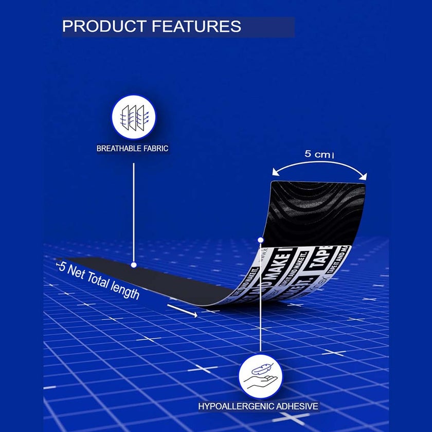 Kintex Kinesiology Classic Tape For Pain Relief - Black Color, Size - 5 x 500cm